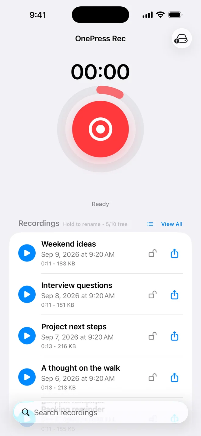 OnePress Rec recording screen with a large record button and saved recordings below