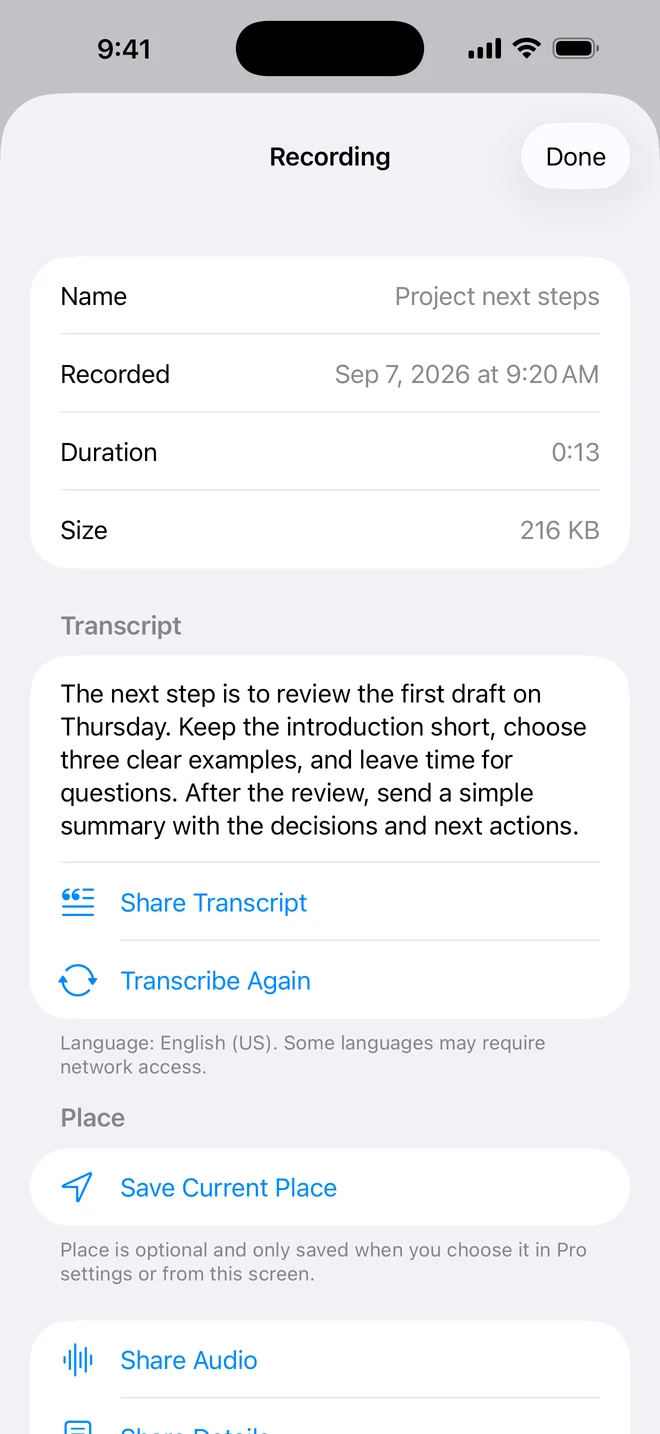 A completed transcript for Project next steps in OnePress Rec Pro