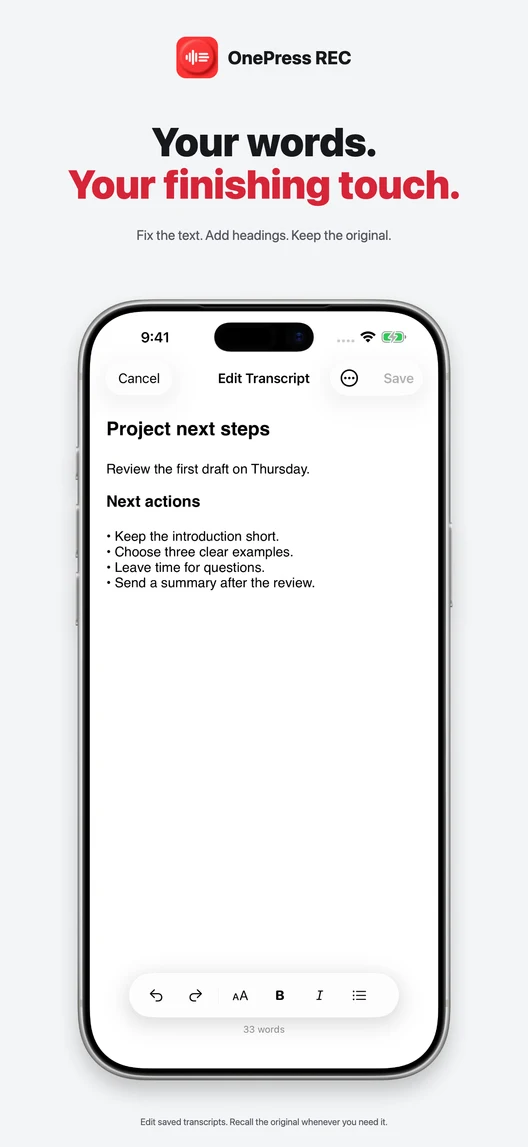 Upcoming transcript editor with manually formatted example text