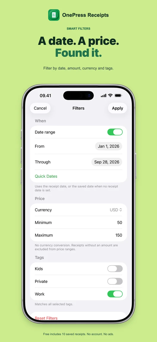 Filter receipts by date, price, currency and tags