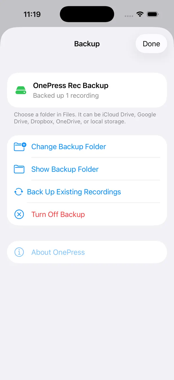 OnePress Rec backup screen with Files folder options.