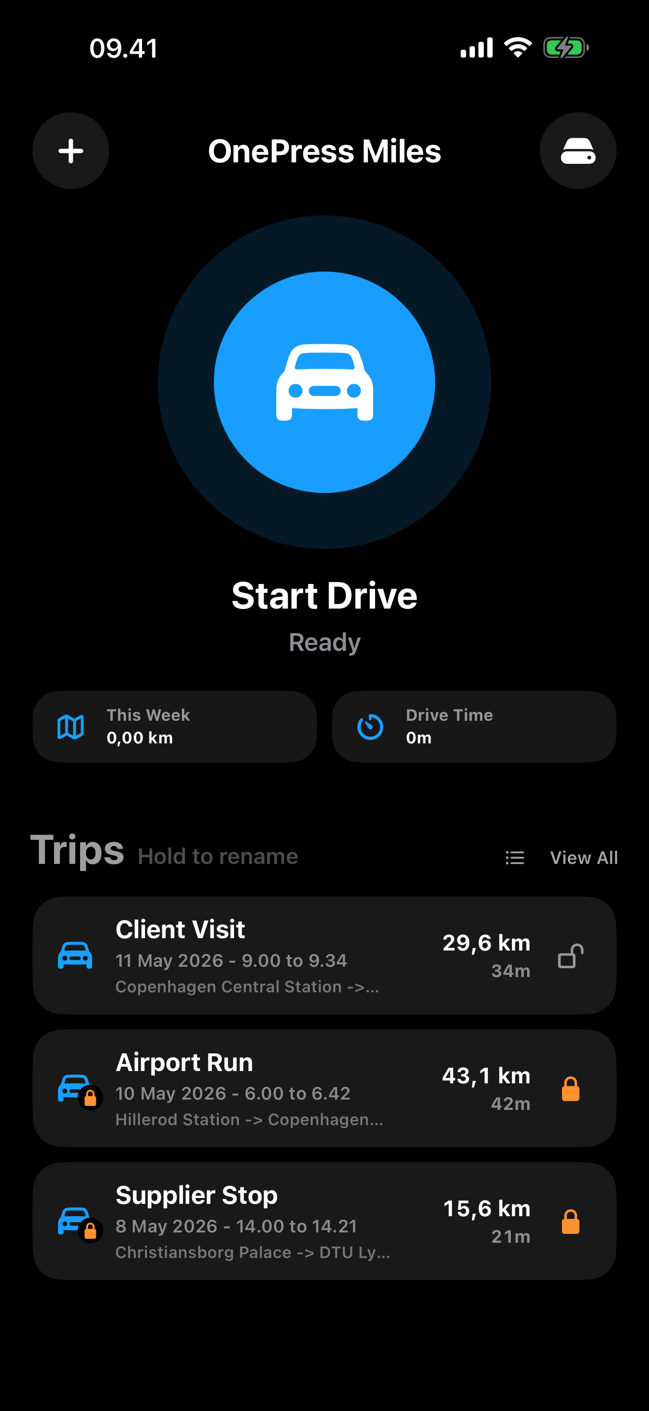 OnePress Miles start drive screen and saved trips