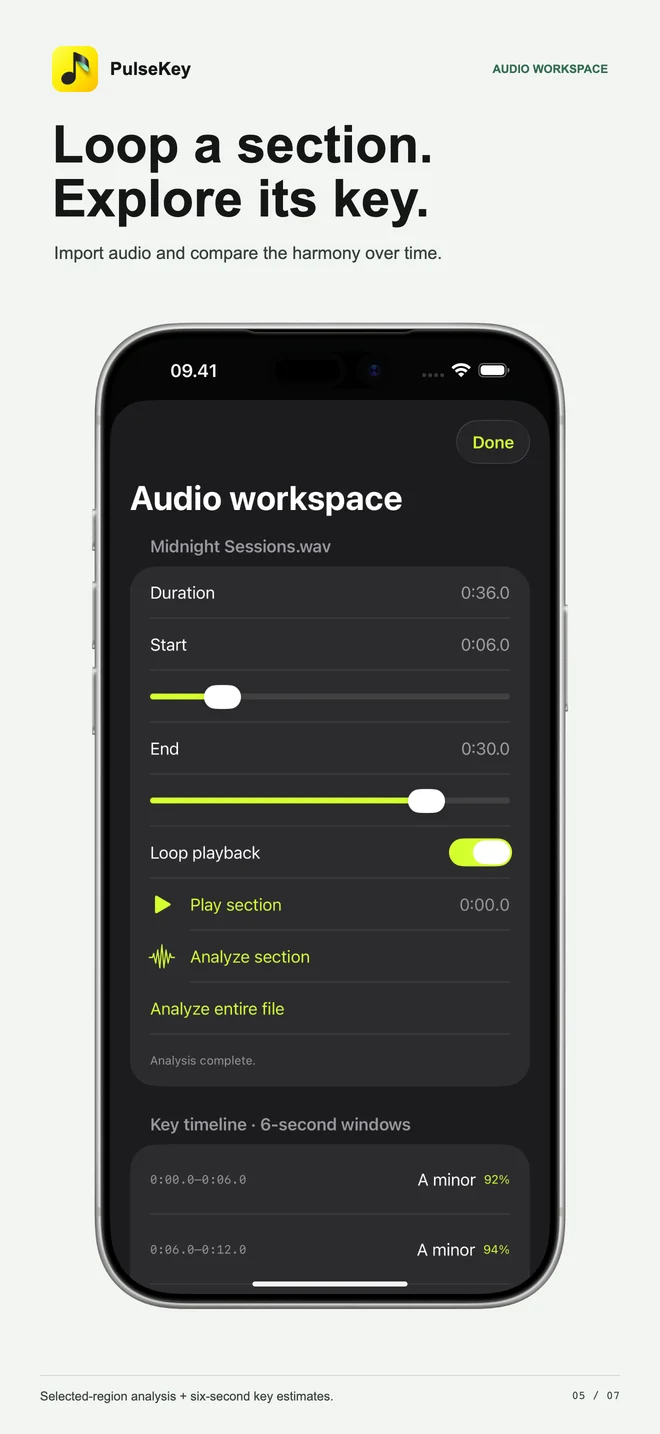 Audio workspace with region selection, loop playback and a timeline of key estimates
