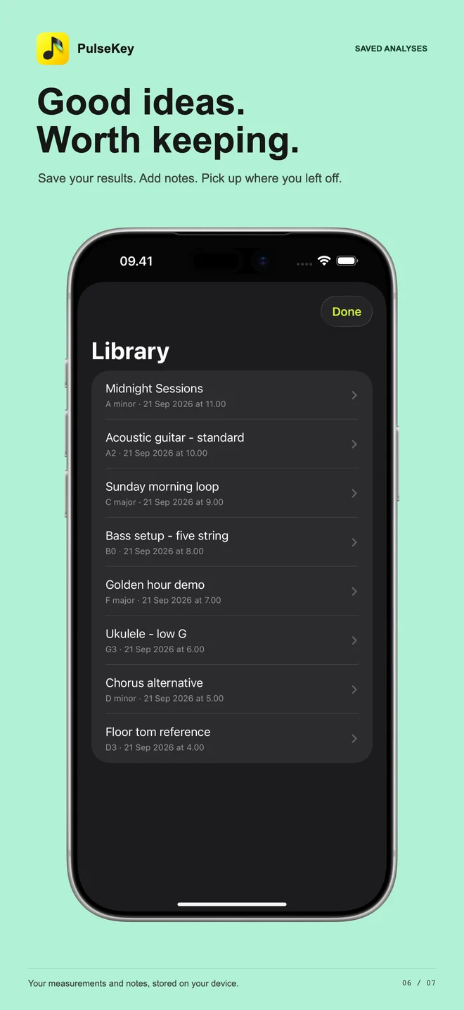 Local library of saved PulseKey measurements with titles and notes