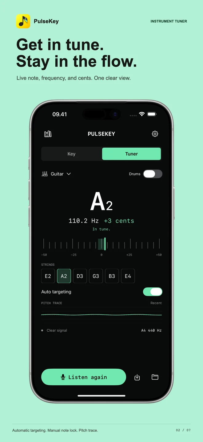 PulseKey 1.1 tuner: A2 note, cents, frequency, string targets and pitch trace