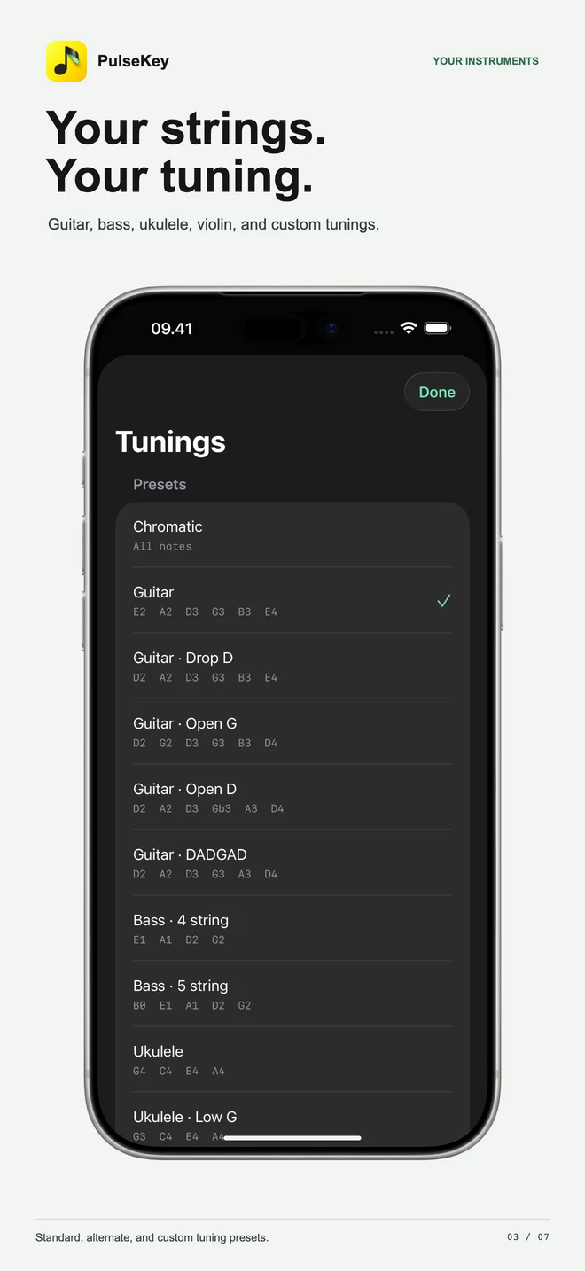 PulseKey 1.1: standard, alternate and custom instrument tunings