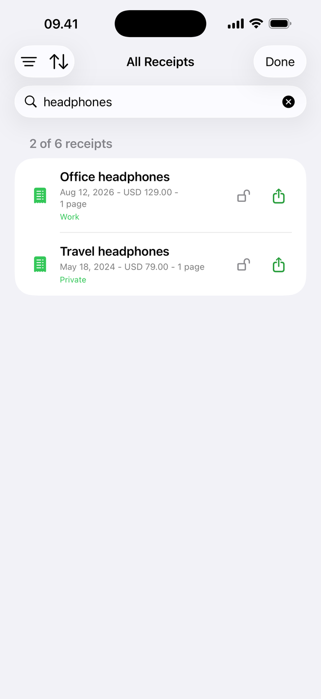 Find the purchase. OnePress Receipts screenshot