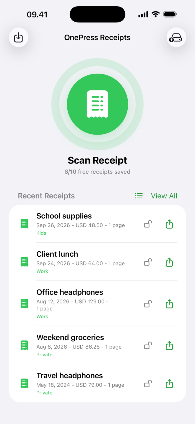 OnePress Receipts scan button and receipt library